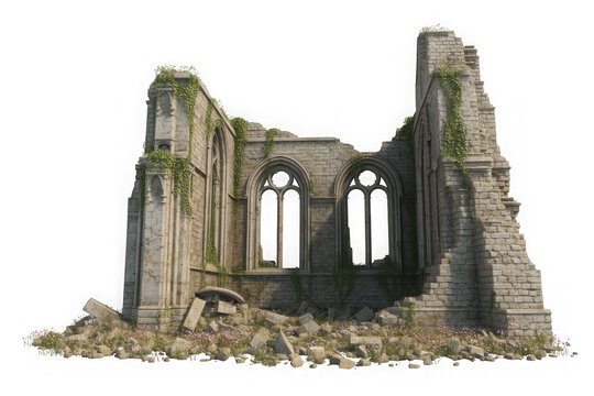Old stone cathedral wall with ivy on Transparent background
