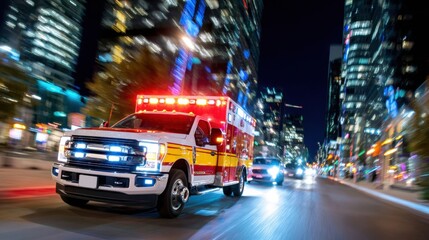 Emergency ambulance driving through city at night. Concept of urgent medical transport, emergency response systems, healthcare marketing, and public safety awareness.