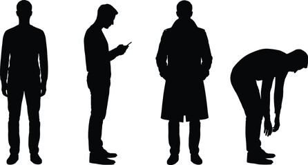 Male silhouettes showing standing, smartphone use, coat fashion and tired posture, modern lifestyle and emotional body language isolated on white background © Nurul