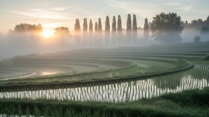 serene rice terraces at sunrise with misty fog