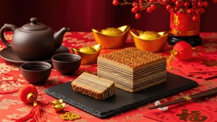 Lunar New Year cake, gold ingots, teapot on festive fabric