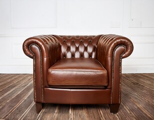 vintage brown leather armchair with tufted backrest and rolled arms positioned on a light wooden floor with a white background