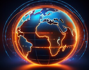 glowing neon digital globe with a focus on africa and surrounding continents encircled by radiant orange and blue light rings depicting a futuristic connected world
