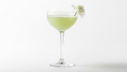 Pale green cocktail, coupe glass, white flower garnish