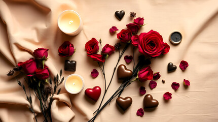 Cute roses and rose petals on a red background with candles and cute hearts
