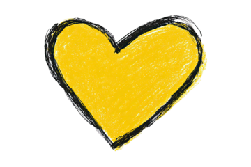 A vibrant yellow heart, crudely sketched with a dark outline, isolated on a stark black background