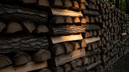 Stacked firewood, dark and light. Close-up wood pile