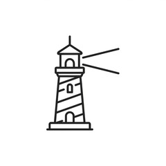 A vector illustration of a lighthouse standing tall on a rocky coastline, emitting light beams into the surroundings from its top, viewed from the side.