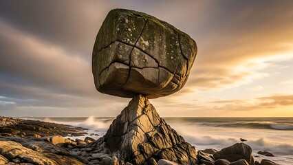 Mossy Rock Formation on Shore with Crashing Ocean Waves
