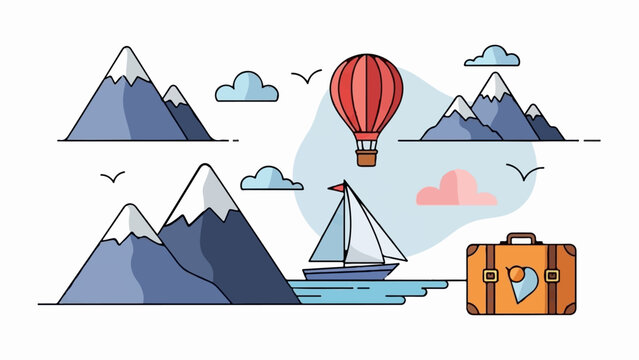 Stylized mountains, sailboat, hot air balloon, suitcase, clouds, and birds in sky