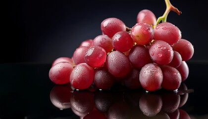 close up of fresh red grapes with water droplets on dark reflective surface conveying freshness and juiciness