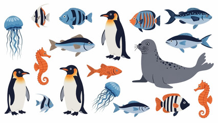 Obraz premium Collection of various sea creatures and penguins illustrations on white background