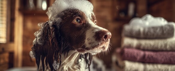 The dog enjoying a bubbly bath in a cozy rustic bathroom with stacked towels