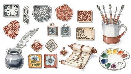 Artistic tools and pottery designs displayed together on a clean background showcasing creativity and craftsmanship