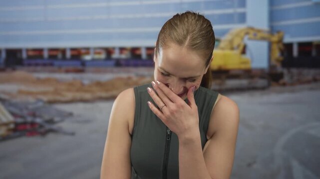 Woman covering mouth laughing with closed eyes in front of building under construction, machinery and scaffolding around her; joy.