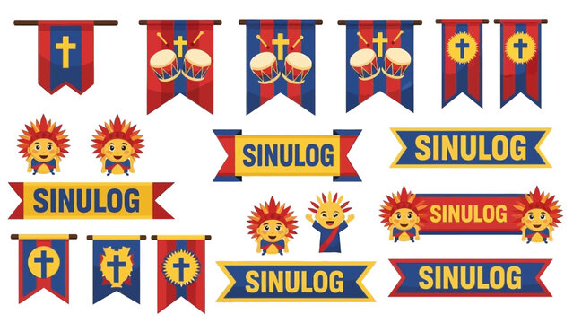 Collection of Sinulog festival colorful banners and flags with religious symbols on white background