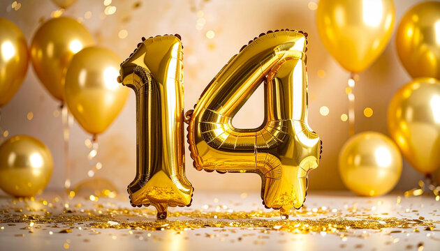 Golden foil balloon number 14, party decoration scene with sparkling confetti and golden balloons