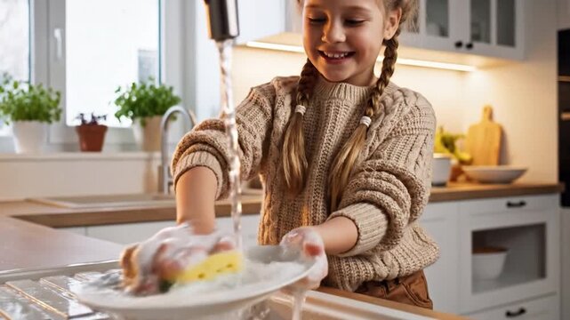 Dish Duty Delights: A cheerful child, captured in a warm domestic setting, finds joy in the simple task of washing dishes, creating a picture of home life and shared responsibility.