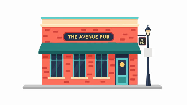 Stylized red brick pub building with teal awning, door, and windows, on a sidewalk