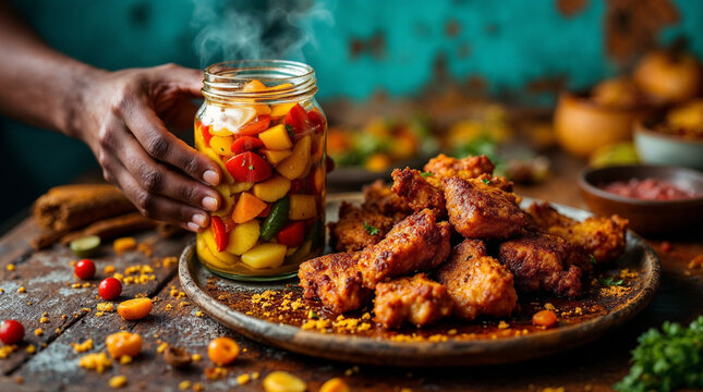 Candid portrait holding pikliz jar with fried griot pork in vibrant Haitian scene
