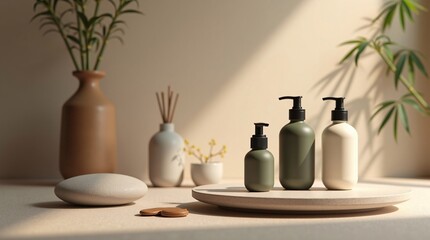 Spa-Inspired Skincare Bottles on Tray  Minimalist Wellness Mockup with Bamboo and Natural Decor
