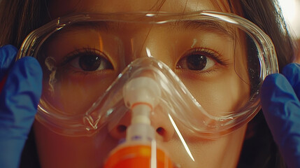 Close up of woman wearing protective goggles and blue gloves, showing focused eyes and safety equipment in medical or laboratory setting