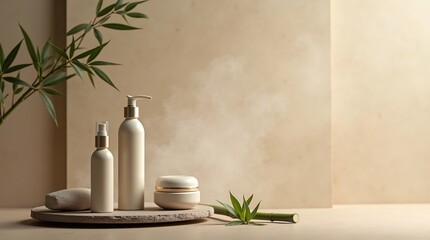 Neutral Skincare Bottles on Tray  Spa-Inspired Cosmetic Mockup with Bamboo and Mist Background
