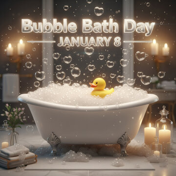 Relaxing Bubble Bath with Rubber Duck and Candles for Bubble Bath Day january 8 bathtub