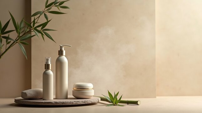 Neutral Skincare Bottles on Tray  Spa-Inspired Cosmetic Mockup with Bamboo and Mist Background
