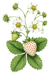 Vibrant watercolor: ripe white strawberries, green leaves, white blossoms with yellow centers, buds, winding vine on transparent background, pristine natural beauty concept