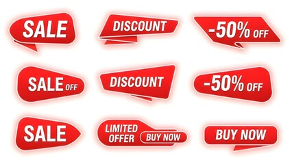 Neon red glowing sale badges and offer labels, modern digital style, subtle glow effect, bold white typography, futuristic ecommerce visuals, clean white background, high contrast, ultra sharp, promot