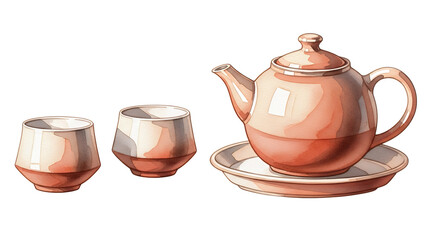 A serene tea setting with teapot and cups on a saucer, illustrating a tranquil tea time scene, captured from a front viewpoint.