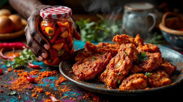 Candid portrait holding pikliz jar with fried griot pork in vibrant Haitian scene