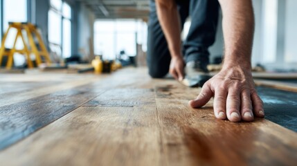 Closeup of a professional installer smoothing seamless hardwood gym flooring the shiny planks in sharp focus against a blurred background of tools and equipment.