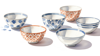 A collection of ceramic bowls with various patterns and designs on a white surface, viewed from above.