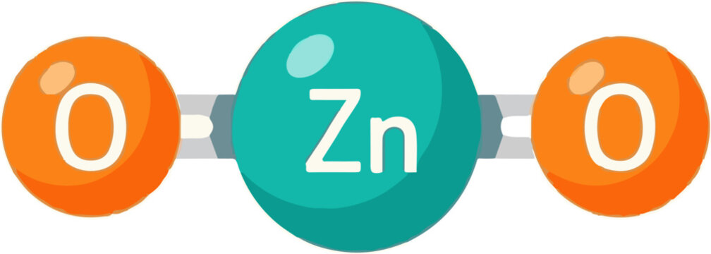 Stylized representation of a zinc oxide molecule with 'Zn' and 'O' labels