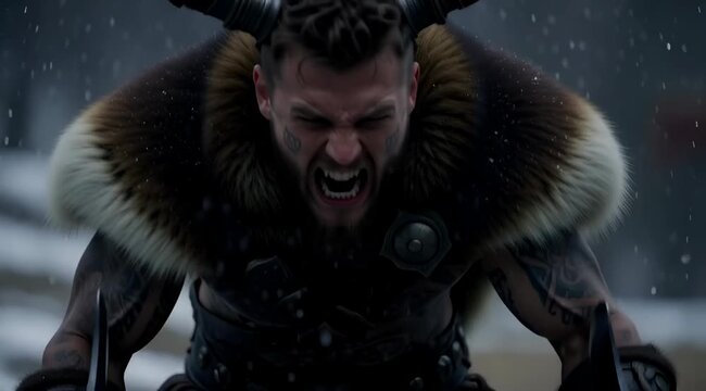 Fierce Viking Warrior with Axes and Tattoos in Snowy Battle Rage