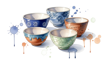 Colorful ceramic bowls with intricate designs on a clean white surface with paint splatters around them viewed from directly above