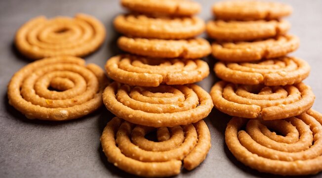 Spiral Murukku Snacks on Gray Surface, Indian Festival Food