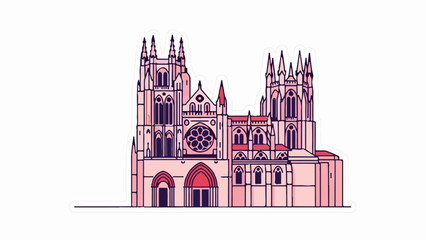 Stylized pink gothic cathedral with spires and rose window