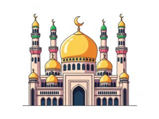 Illustrated mosque with golden dome and crescent moon isolated on transparent background