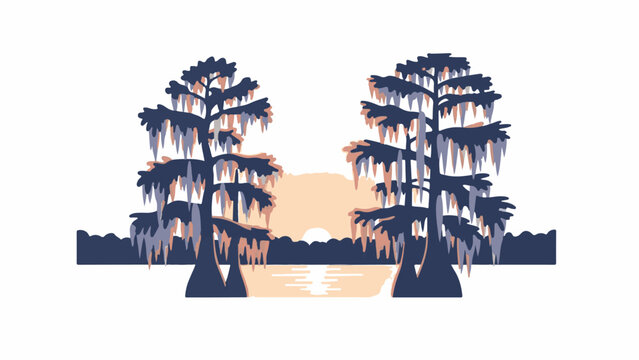 Stylized sunset over tranquil water with cypress trees adorned with Spanish moss
