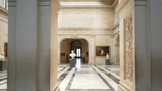 A Luxurious Art Gallery Interior Showcasing Classic Sculptures and Paintings Amidst Ornate Architectural Elements in a Well-Lit Exhibition Space