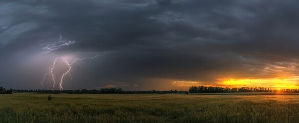 The Lightning Over a Prairie at Sunset with Dramatic Storm Clouds