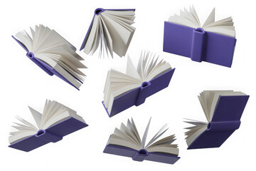 Set of flying purple book models in different angles of rotation in 3D render