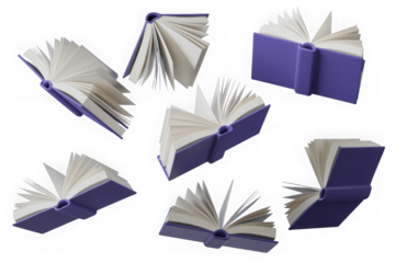 Set of flying purple book models in different angles of rotation in 3D render