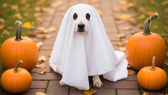 Dog wearing ghost sheet costume in pumpkin patch. Halloween pet and seasonal celebration. White puppy sitting on path surrounded by orange pumpkins