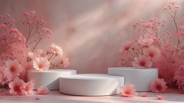 A pastel-pink-themed, three-tiered display with delicate flowers and foliage creates a dreamy, aesthetic composition. Cylindrical platforms and soft lighting add a gentle feel