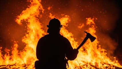 Silhouette of a man firefighter holding an axe, standing against a massive wildfire. A brave hero fighting flames and protecting during emergency.