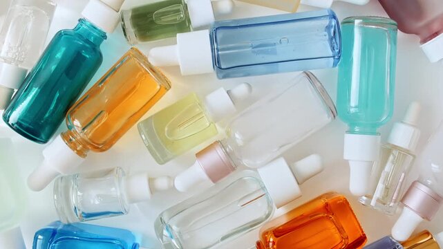 Glass cosmetic bottles with pipette for serum, extract, aromatic, essential oil and emulsion. Cosmetics skincare. Cosmetic spa. Sample of packaging for design, beauty product, advertising. 4k